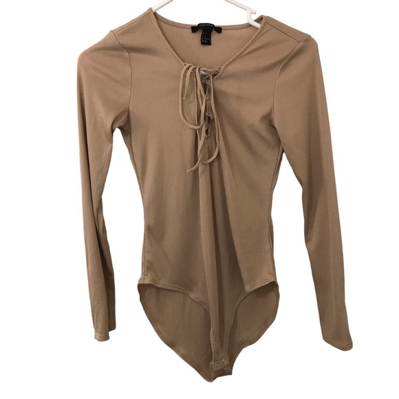 3/$15 Forever 21 beige tan long sleeve ribbed bodysuit - Picture 1 of 7